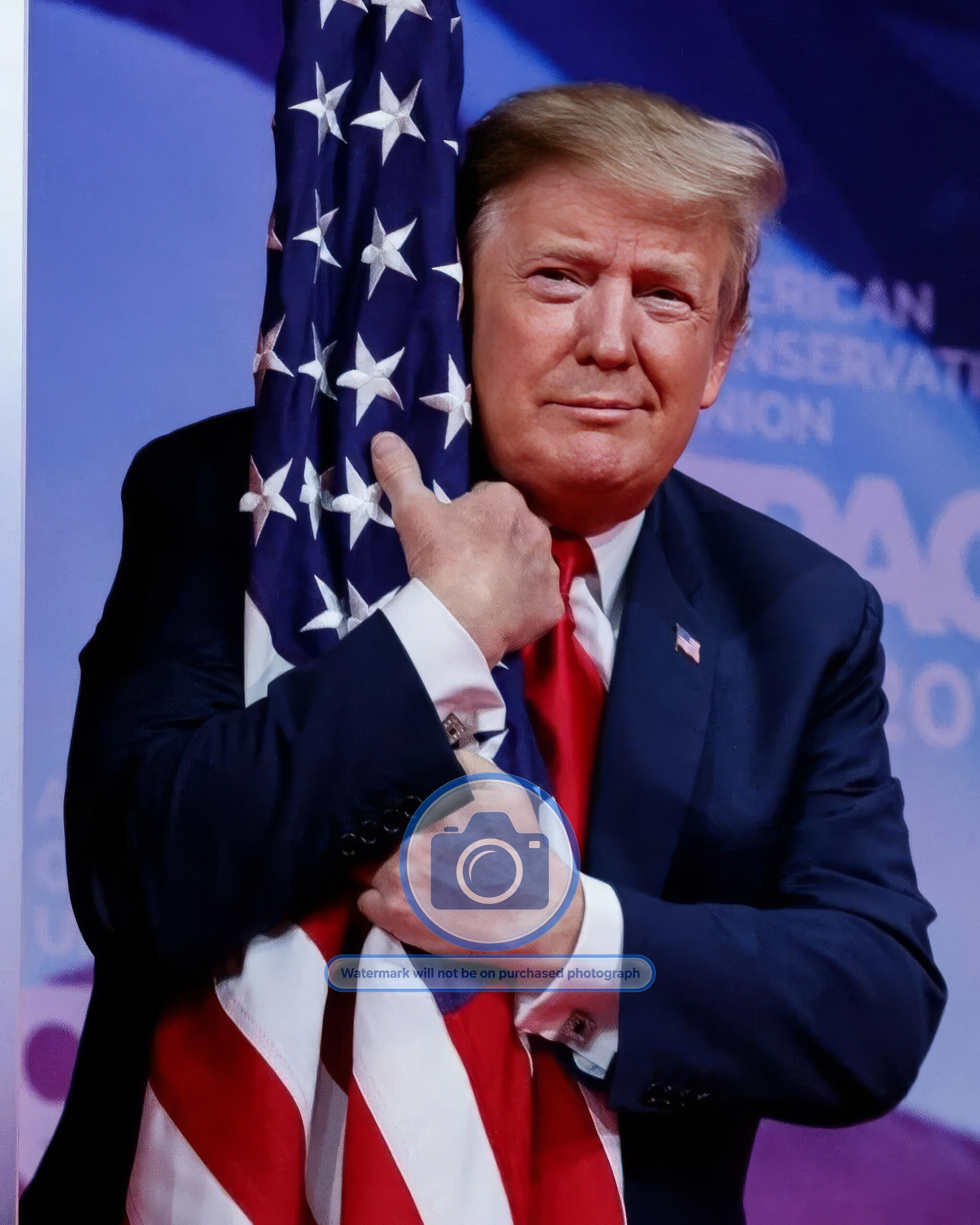 PRESIDENT DONALD TRUMP HUGGING AMERICAN FLAG 8X10 PHOTO