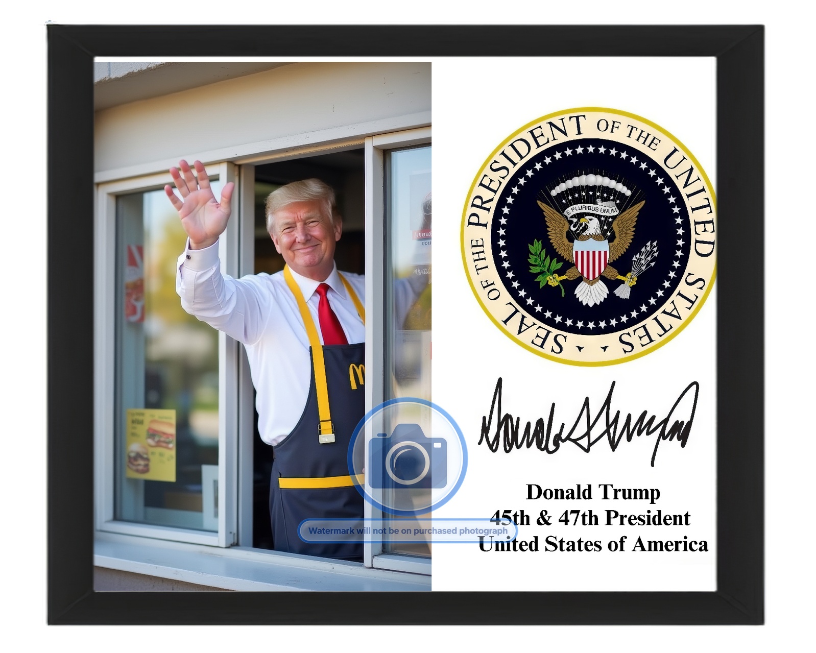 DONALD TRUMP AT MCDONALDS DRIVE-THROUGH PRESIDENTIAL SEAL 8X10 AI